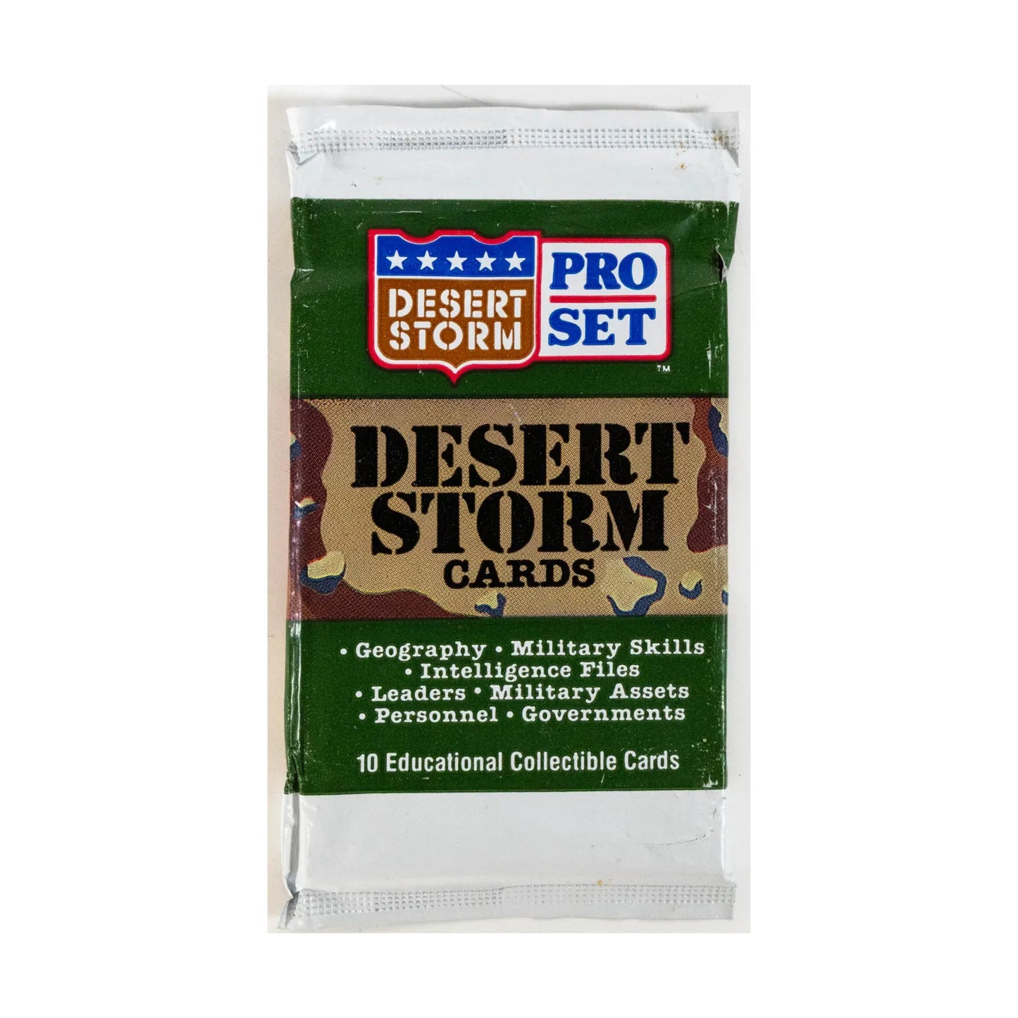 Sealed 1991 Pro Set Desert Storm Series 1 pack containing 10 educational trading cards
