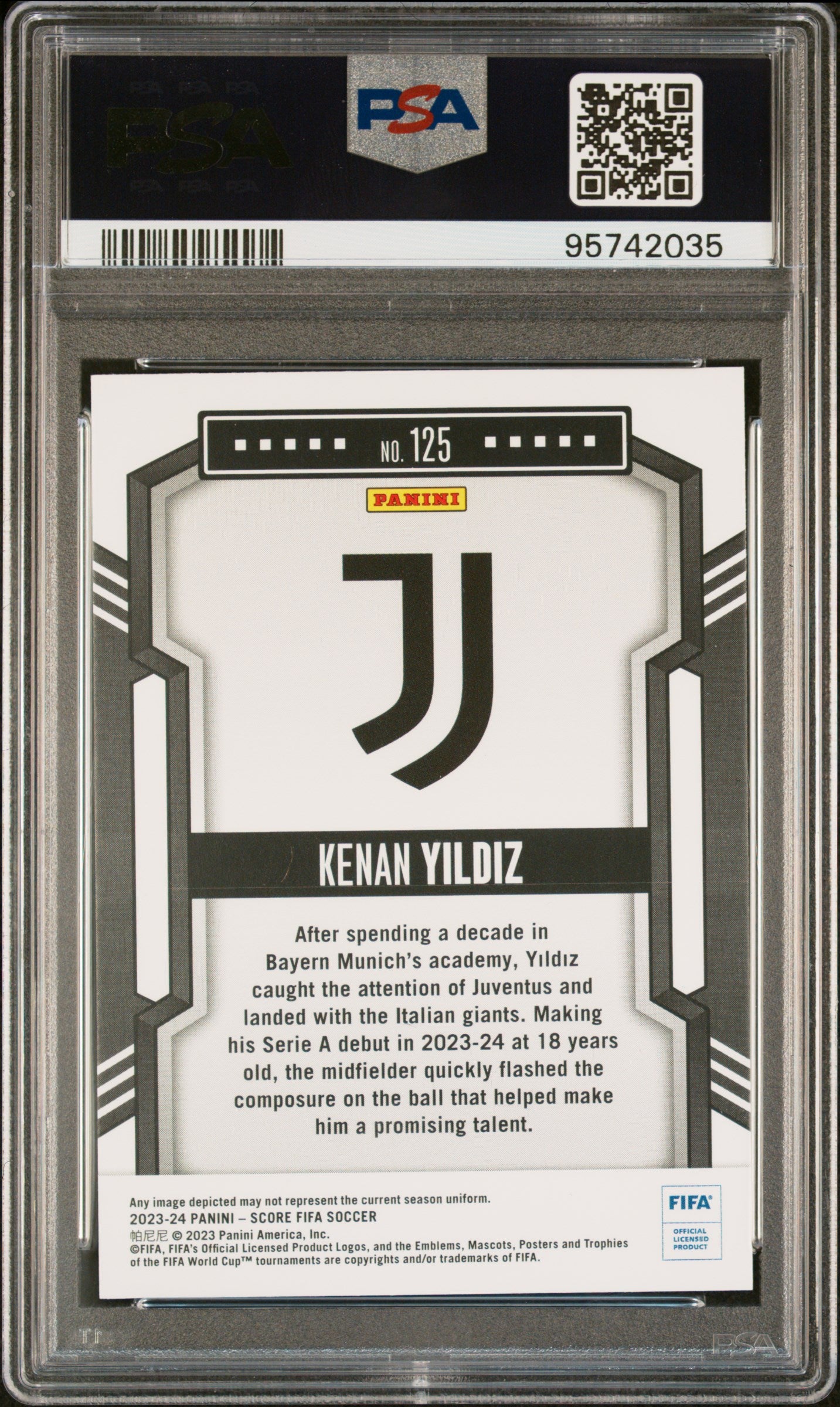 2023-24 Panini Score Fifa #125 Kenan Yildiz Lasers PSA 9 - single item listing, image for visual reference only