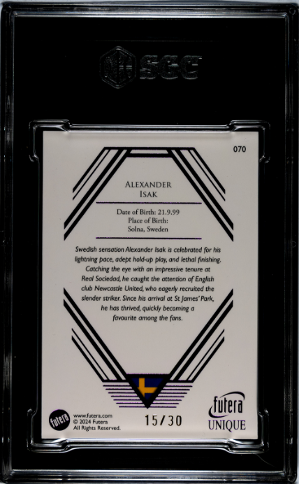 2024 Futera Unique World Football Alexander Isak Amethyst #070 /30 SGC 9 Graded Card - single item listing, image for visual reference only