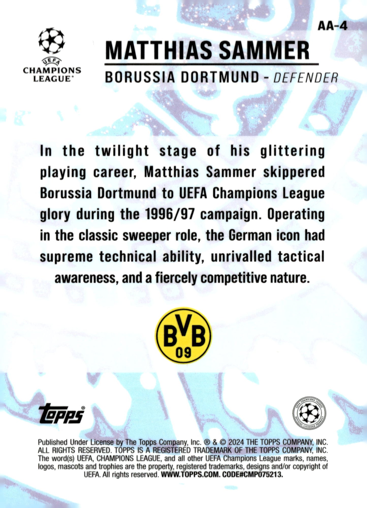 2023-24 Merlin UEFA Club Competitions #AA-4 Matthias Sammer Ageless Alchemy – Borussia Dortmund Soccer Card - single item listing, image for visual reference only