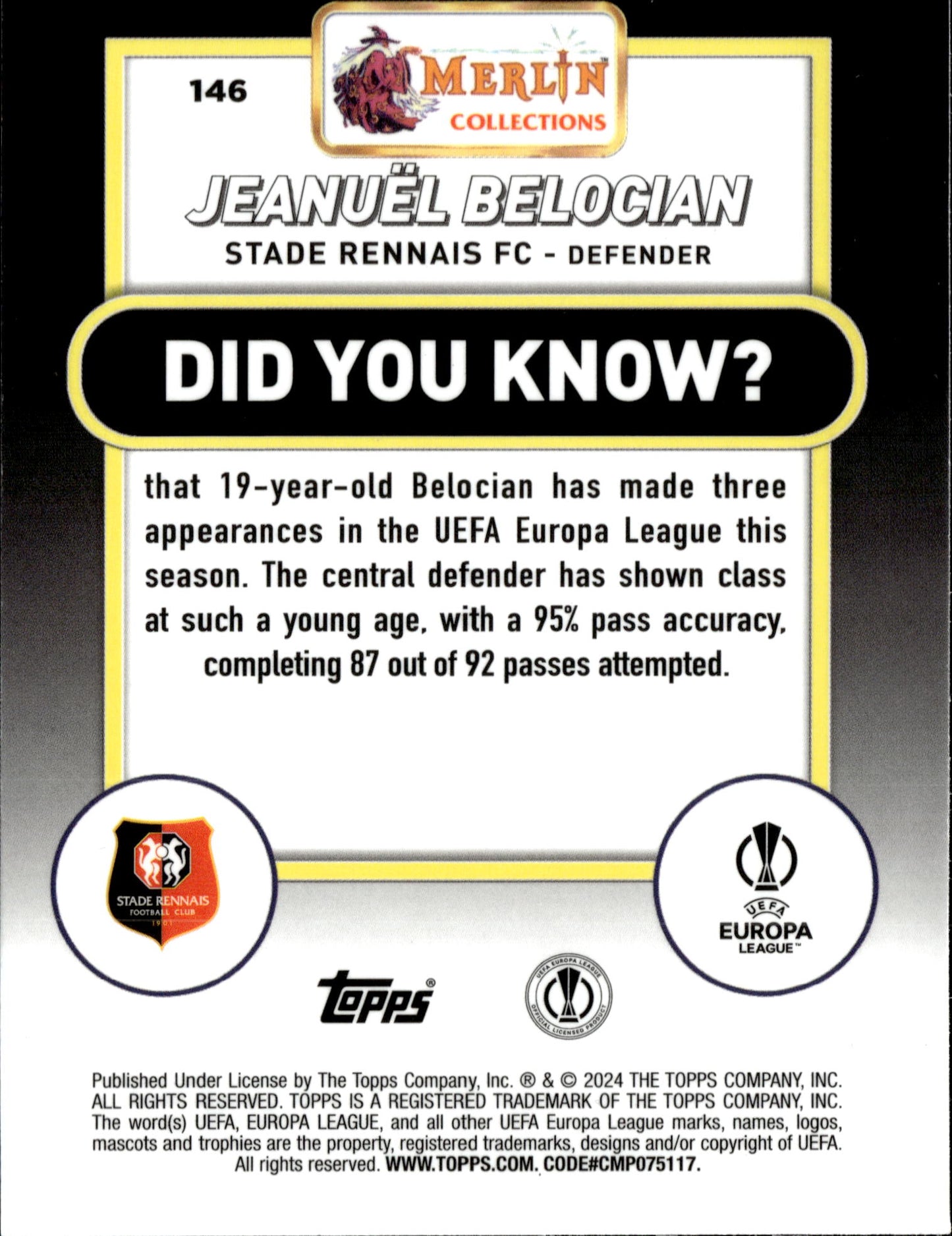 2023-24 Merlin UEFA Club Competitions #146 Jeanuël Belocian RC – Stade Rennais FC Soccer Card - single item listing, image for visual reference only