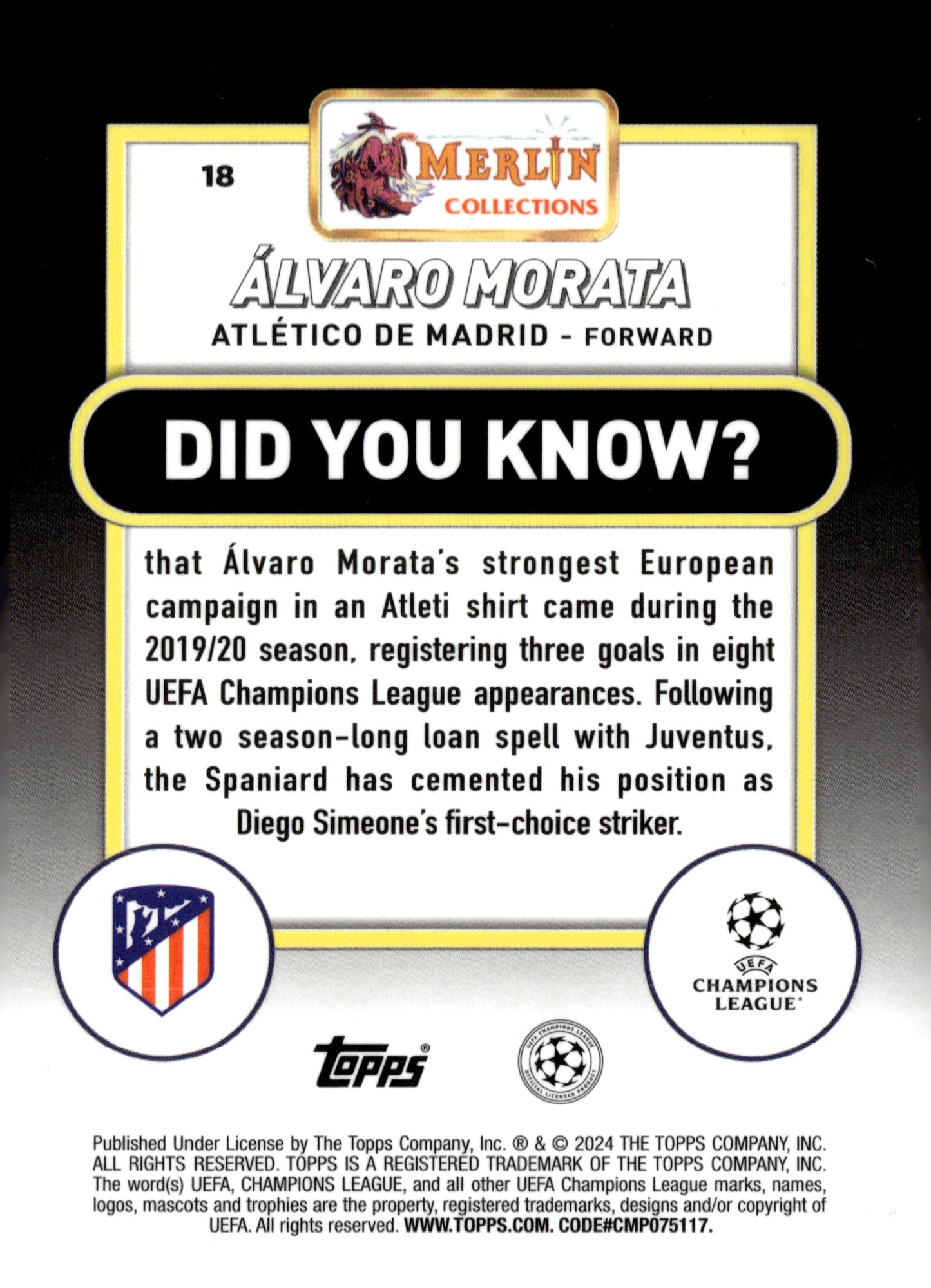 2023-24 Merlin UEFA Club Competitions #18 Álvaro Morata Aqua Prism Refractor – Atlético Madrid Soccer Card - single item listing, image for visual reference only