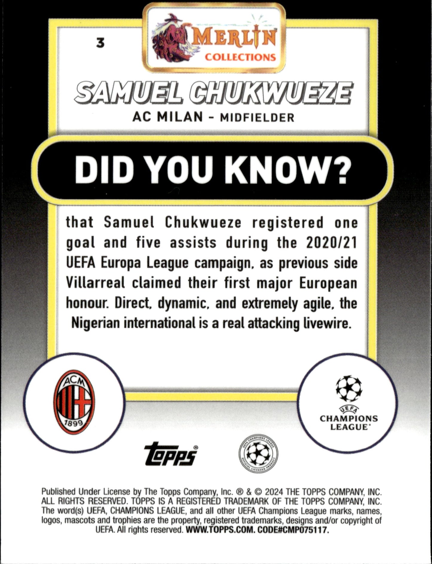 2023-24 Merlin UEFA Club Competitions #3 Samuel Chukwueze – AC Milan Soccer Card - single item listing, image for visual reference only