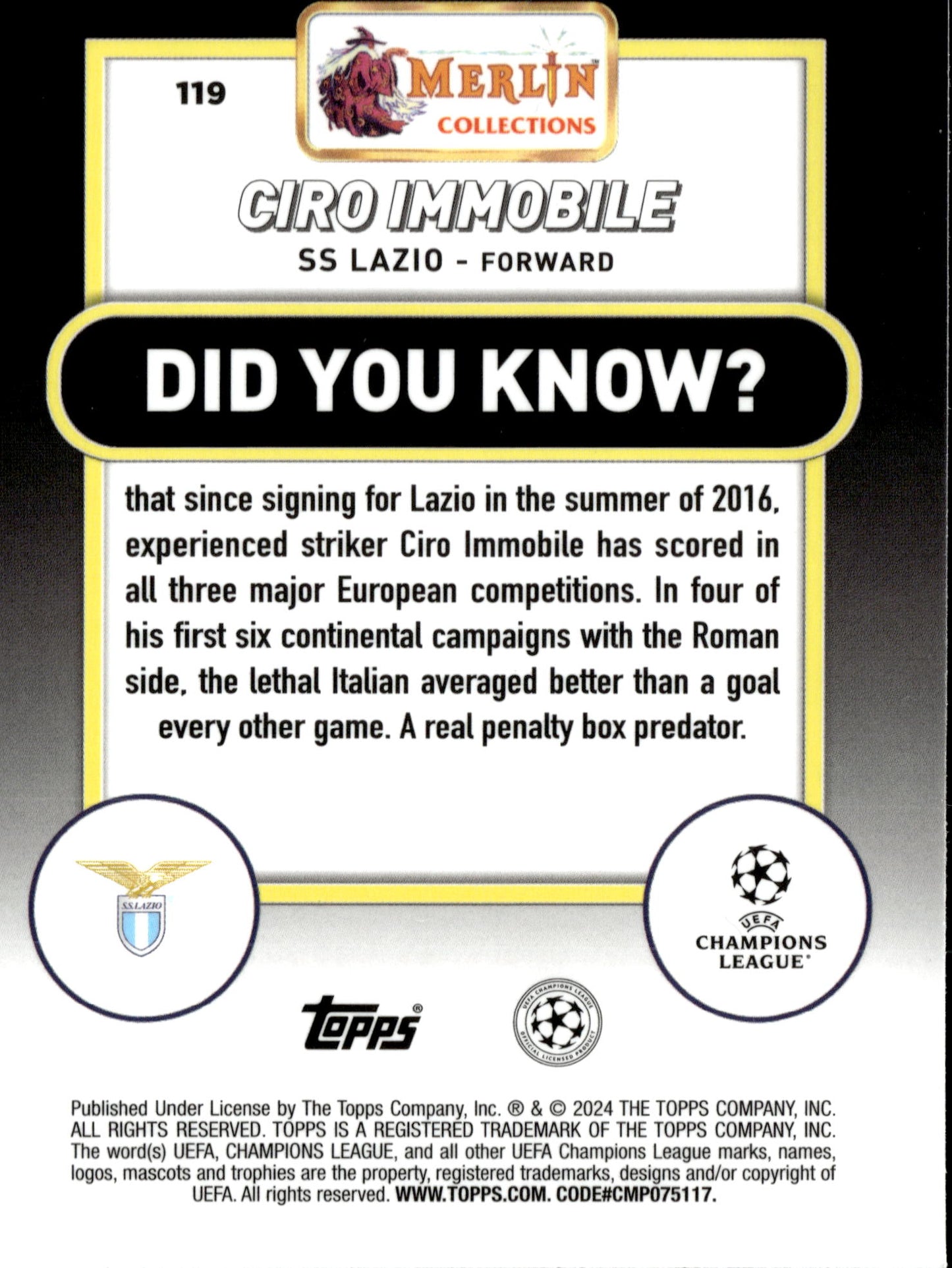 2023-24 Topps Merlin UEFA Club Competitions #119 Ciro Immobile Aqua Prism Refractor – SS Lazio Soccer Card - single item listing, image for visual reference only
