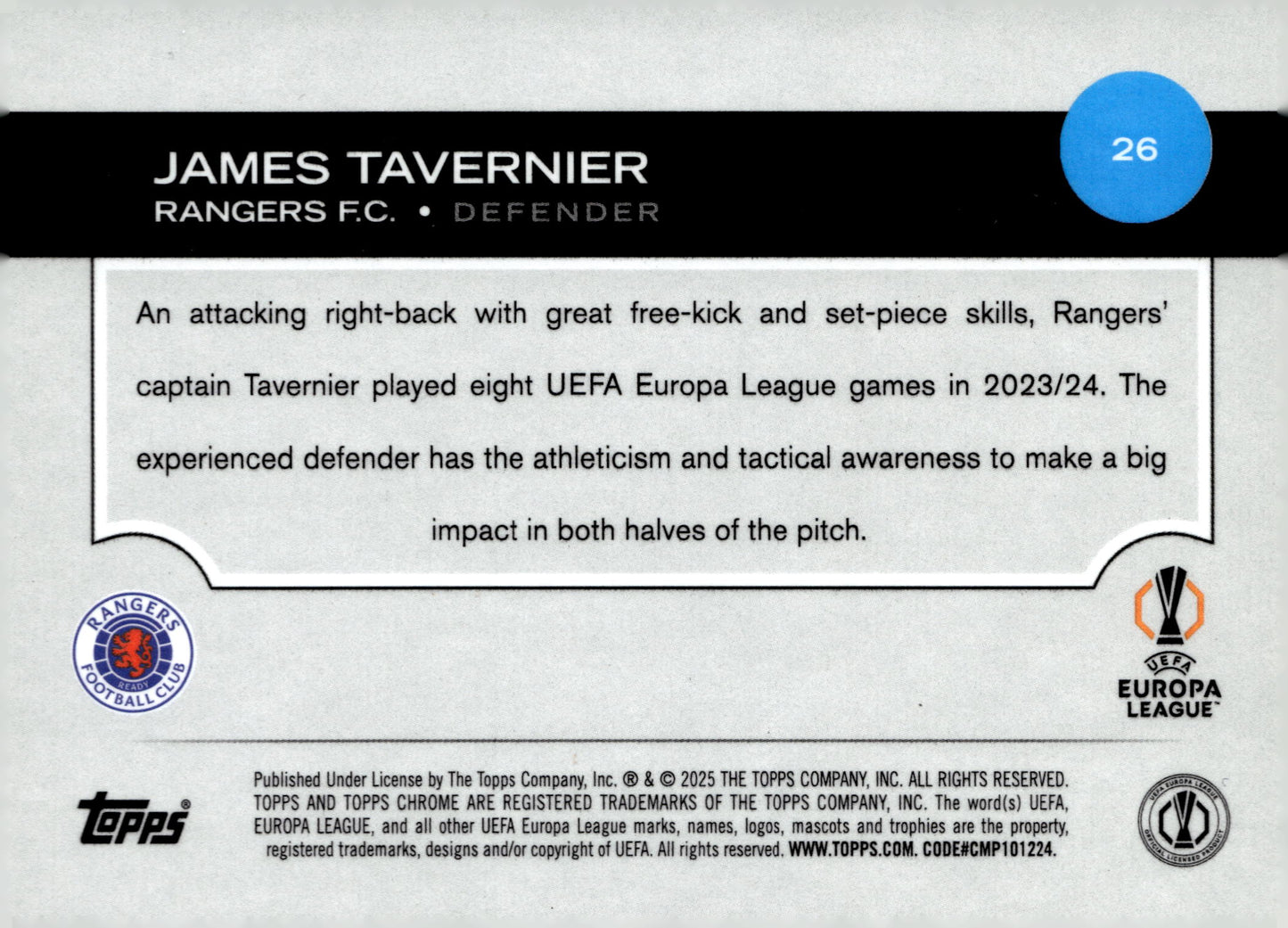 2024-25 Topps Chrome UEFA Club Competitions #26 James Tavernier – Rangers FC Base Chrome Soccer Card