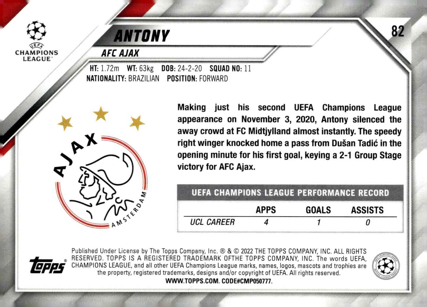 2021-22 Topps Chrome UEFA Champions League #31 Antony – AFC Ajax | Base Chrome Soccer Card