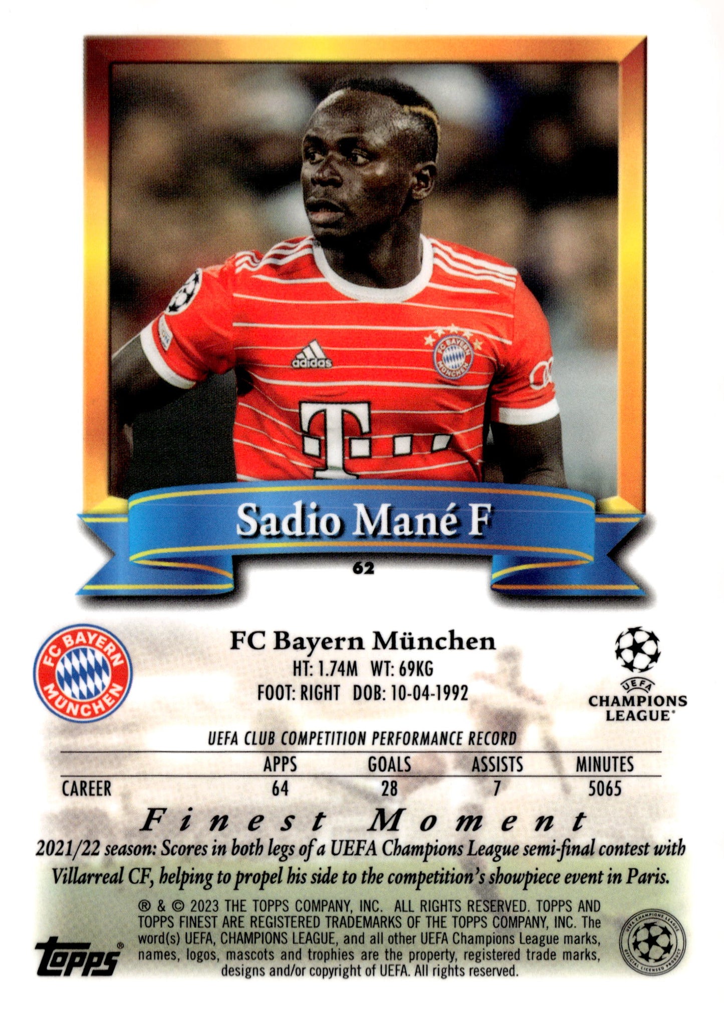 2022-23 Topps Finest Flashbacks UEFA Club Competitions #62 Sadio Mané Refractor Soccer Card - single item listing, image for visual reference only
