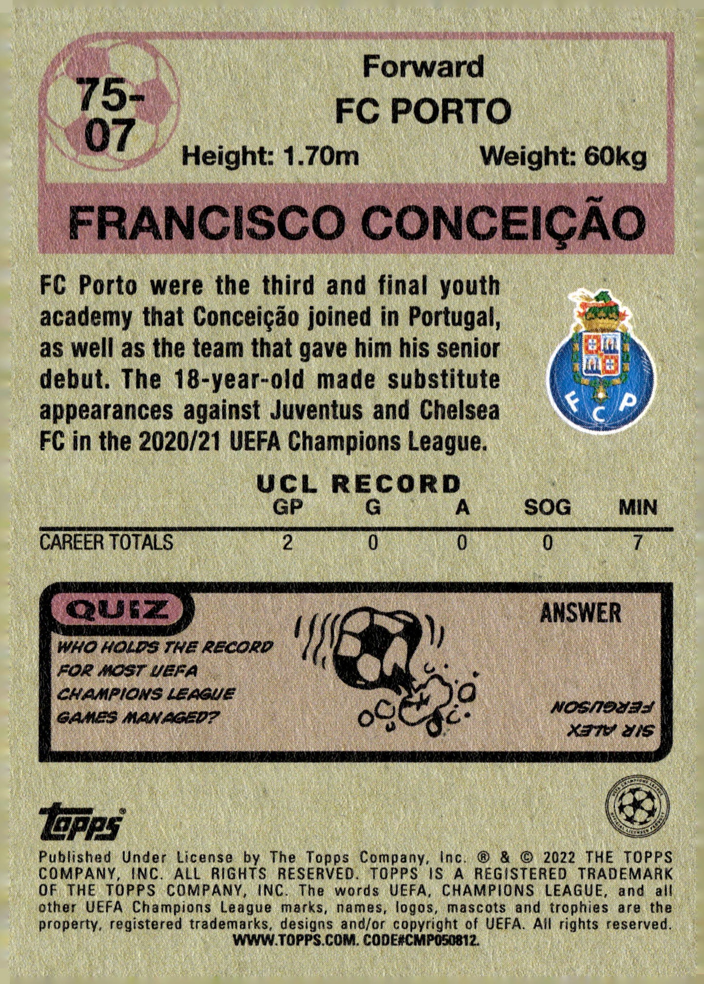 2021-22 Topps UEFA Champions League #75-07 Francisco Conceição 1975-76 Retro FC Porto - single item listing, image for visual reference only