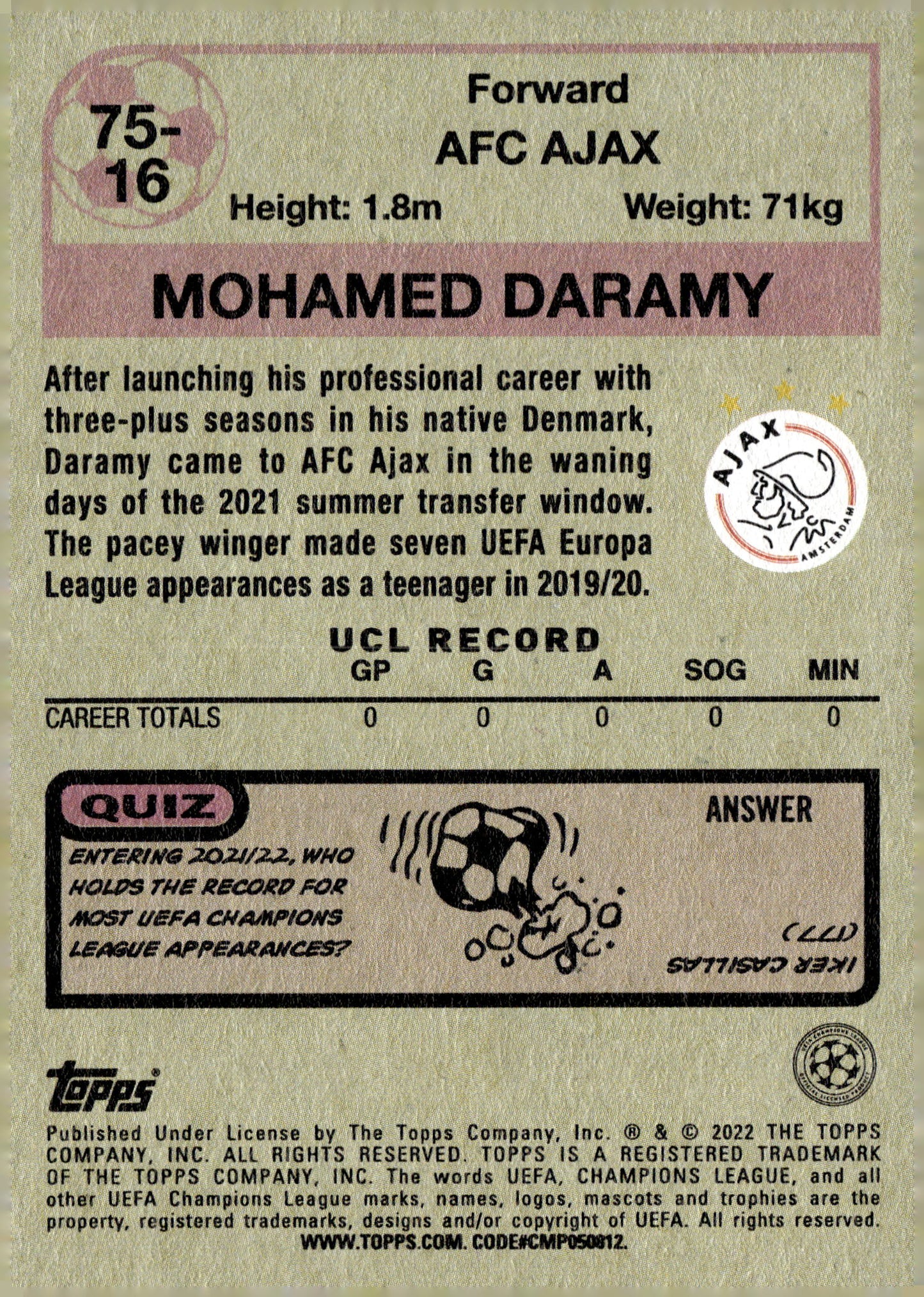 2021-22 Topps UEFA Champions League #75-16 Mohamed Daramy 1975-76 Retro Soccer Card – Ajax - single item listing, image for visual reference only