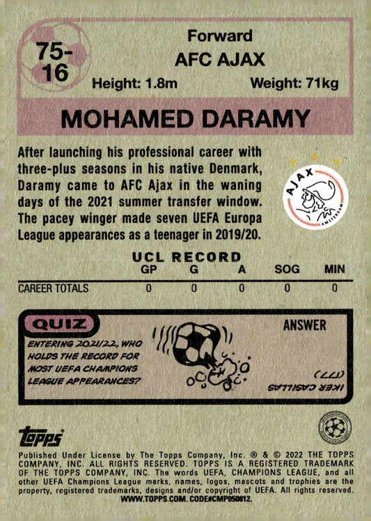 2021-22 Topps UEFA Champions League #75-16 Mohamed Daramy 1975-76 Retro Soccer Card – Ajax