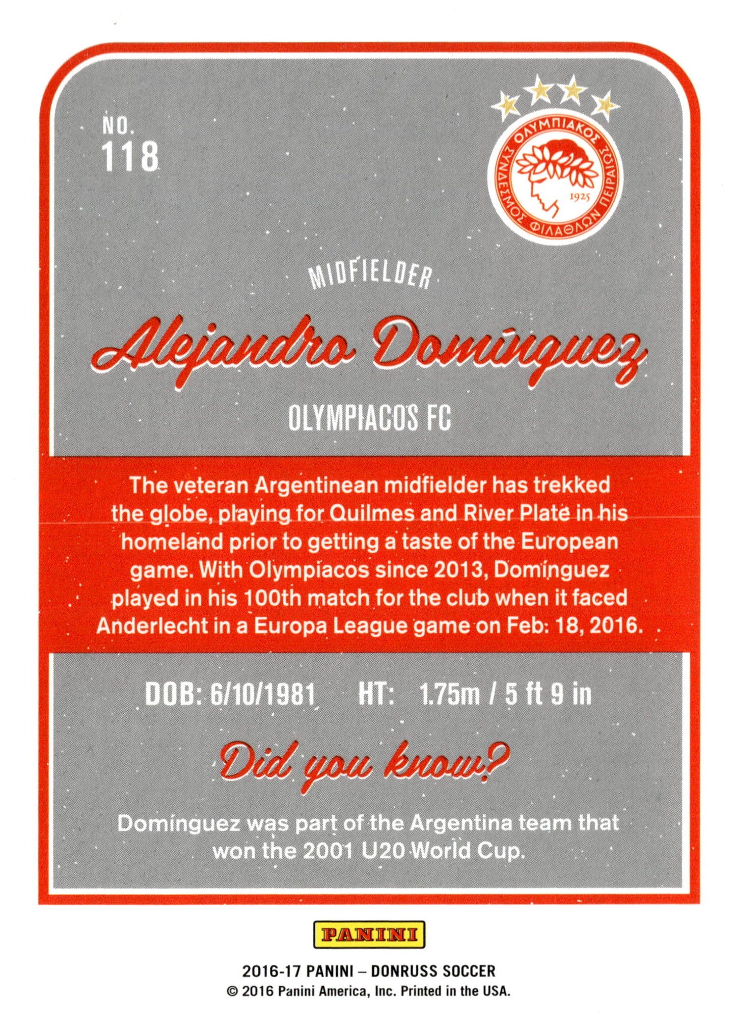 2016-17 Panini Donruss #118 Alejandro Dominguez Silver – Olympiacos FC Soccer Card - single item listing, image for visual reference only