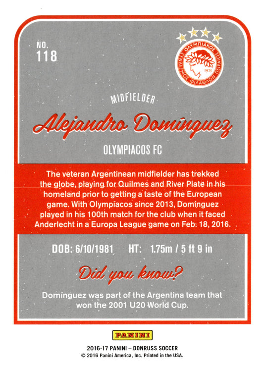 2016-17 Panini Donruss #118 Alejandro Dominguez Silver – Olympiacos FC Soccer Card