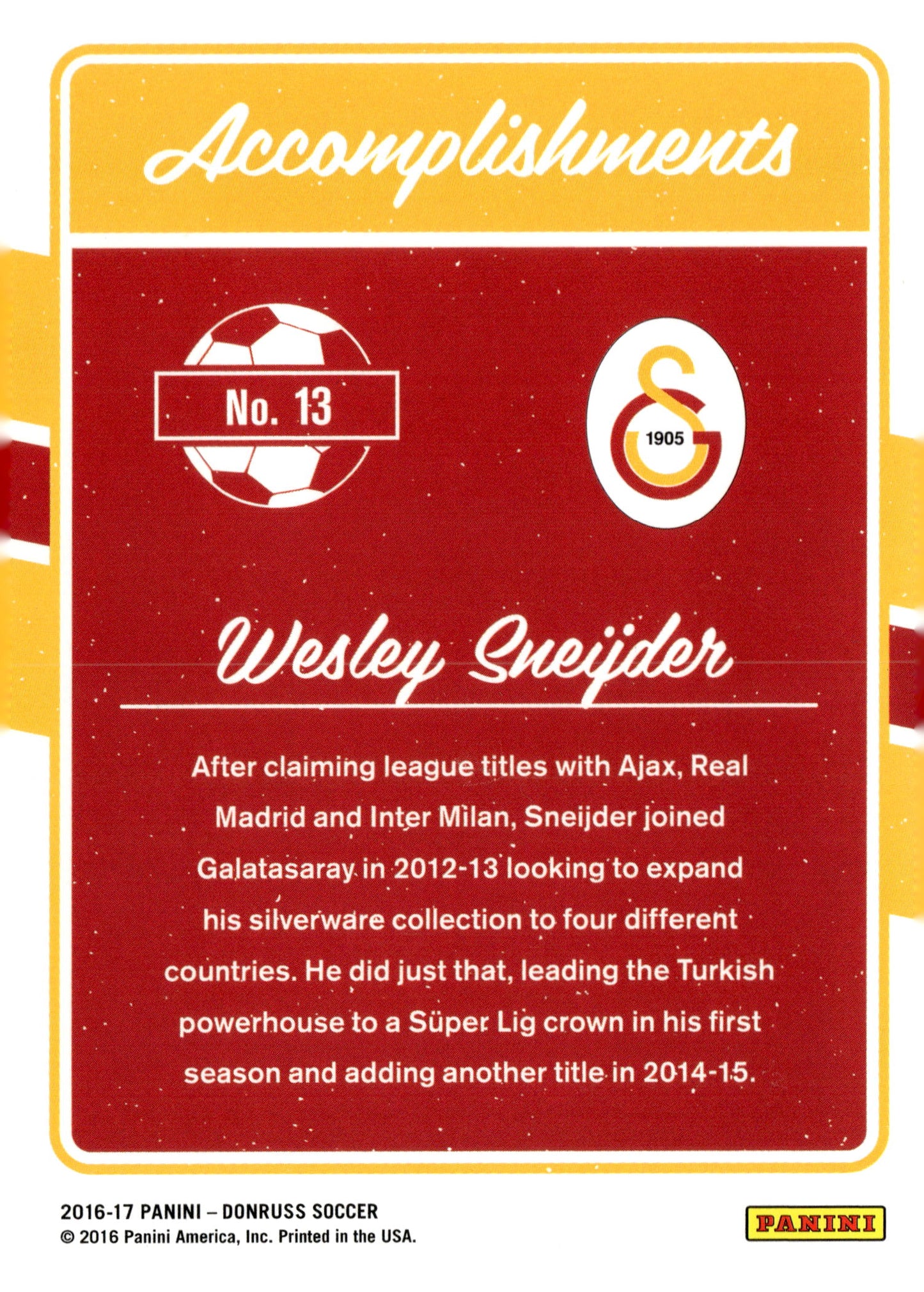 2020-21 Donruss #13 Wesley Sneijder Accomplishments Soccer Card - single item listing, image for visual reference only