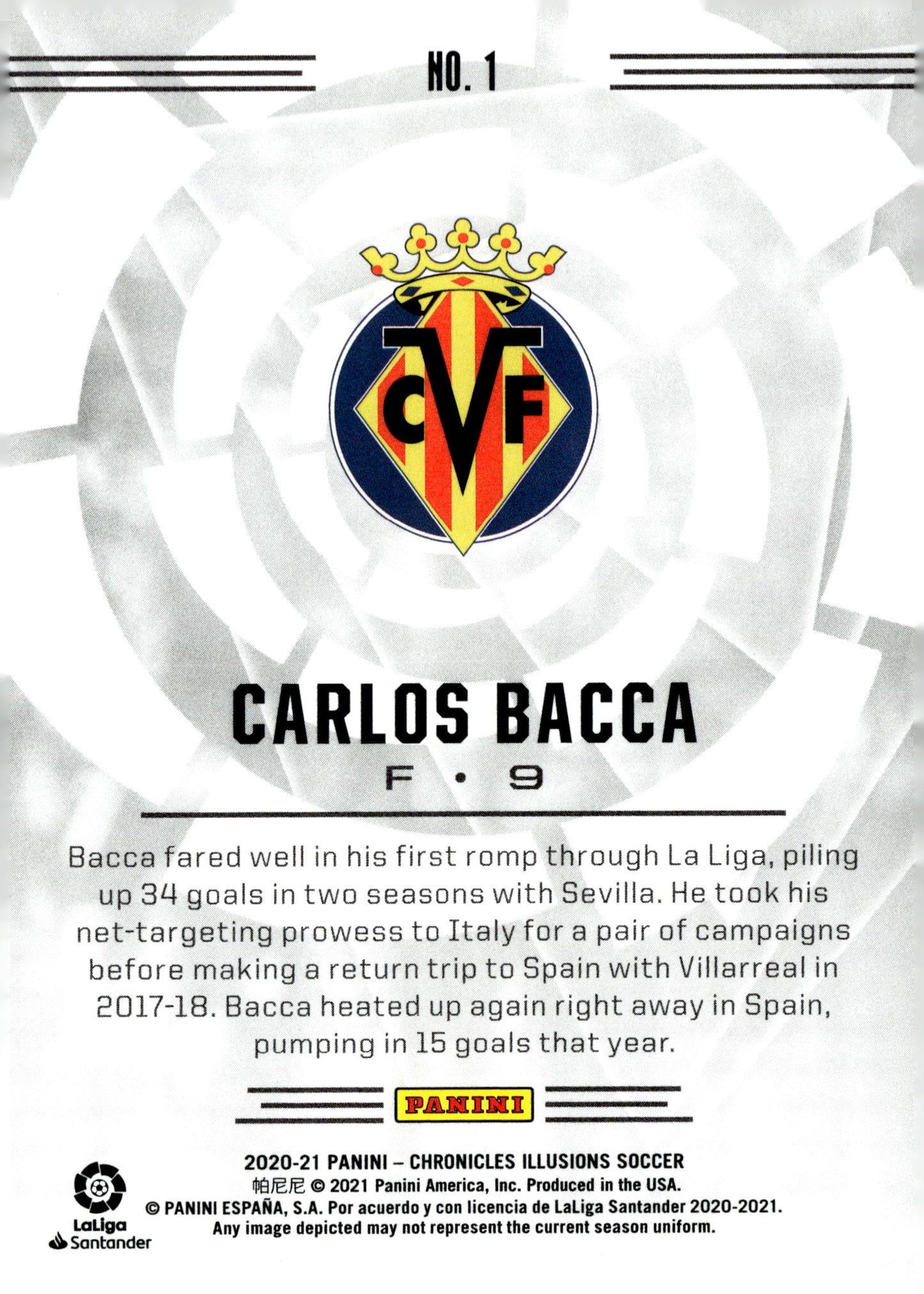 2020-21 Panini Chronicles Illusions Soccer #1 Carlos Bacca – Villarreal CF - single item listing, image for visual reference only