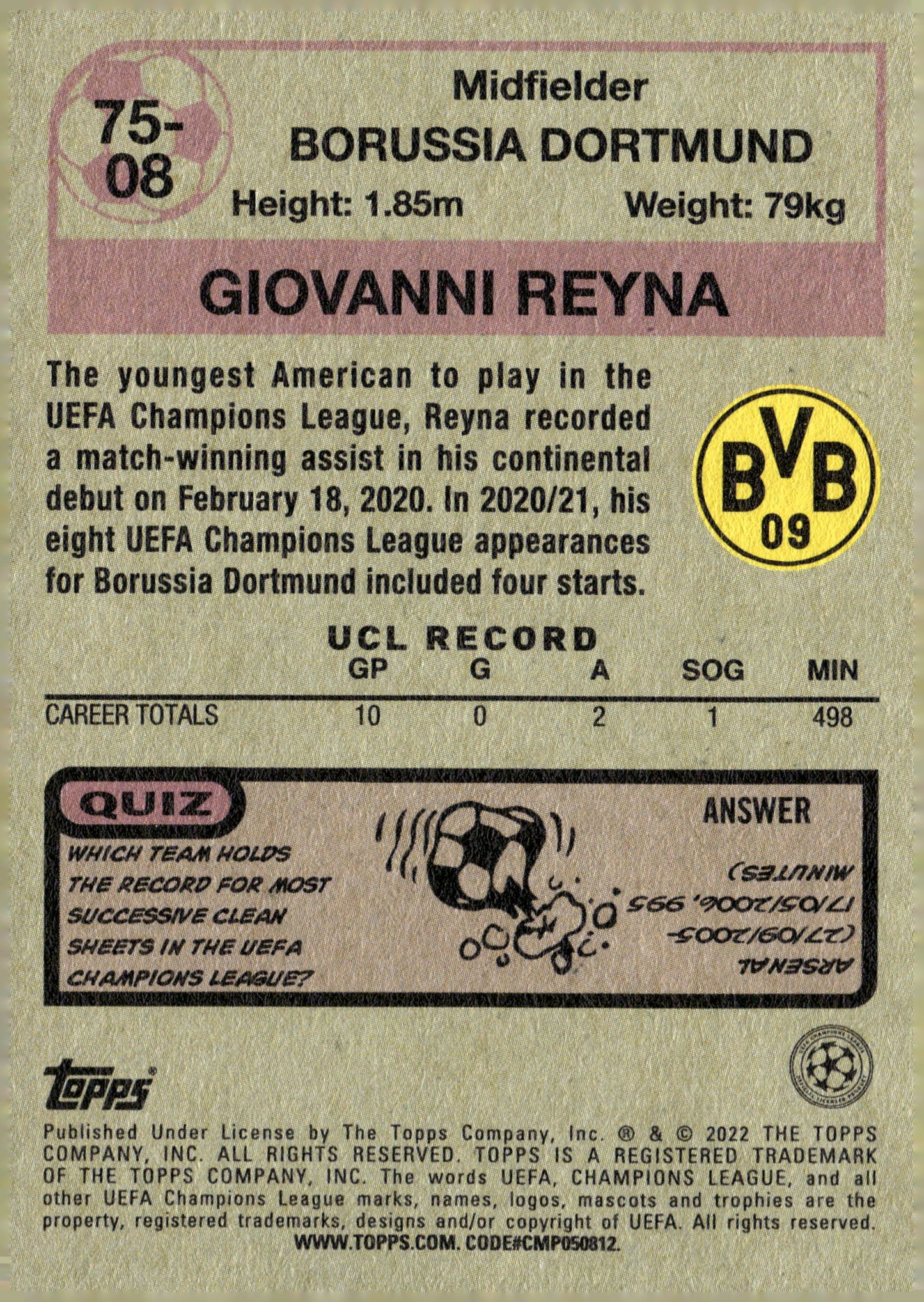 2021-22 Topps UEFA Champions League Giovanni Reyna 1975-76 Retro #75-08 Borussia Dortmund - single item listing, image for visual reference only