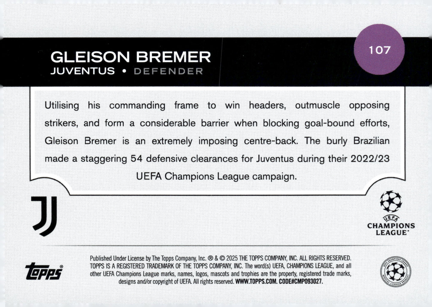 2024-25 Topps UEFA Club Competitions #107 Gleison Bremer Juventus Defender Soccer Card