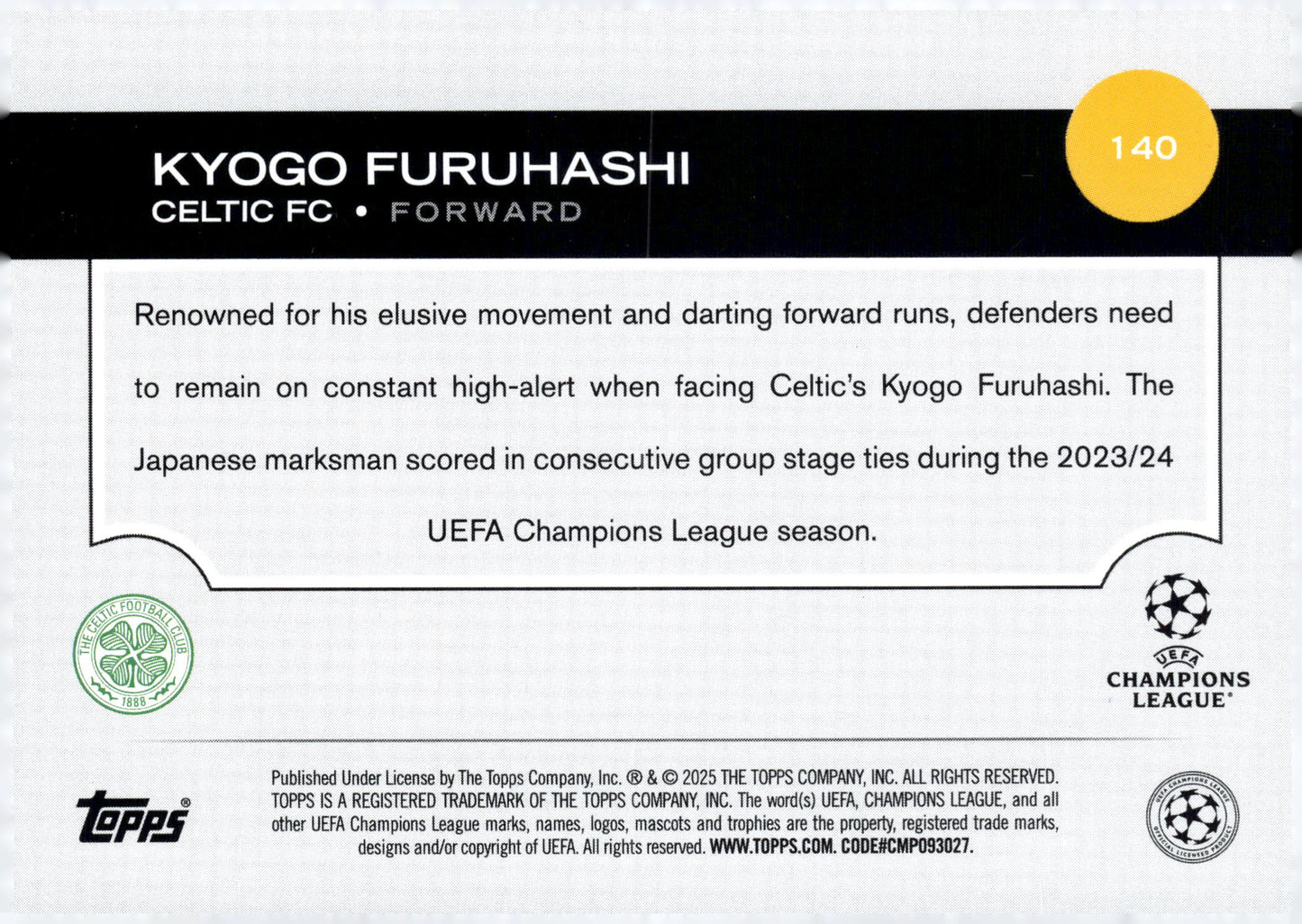 2024-25 Topps UEFA Club Competitions #140 Kyogo Furuhashi Celtic FC Forward Soccer Card - single item listing, image for visual reference only