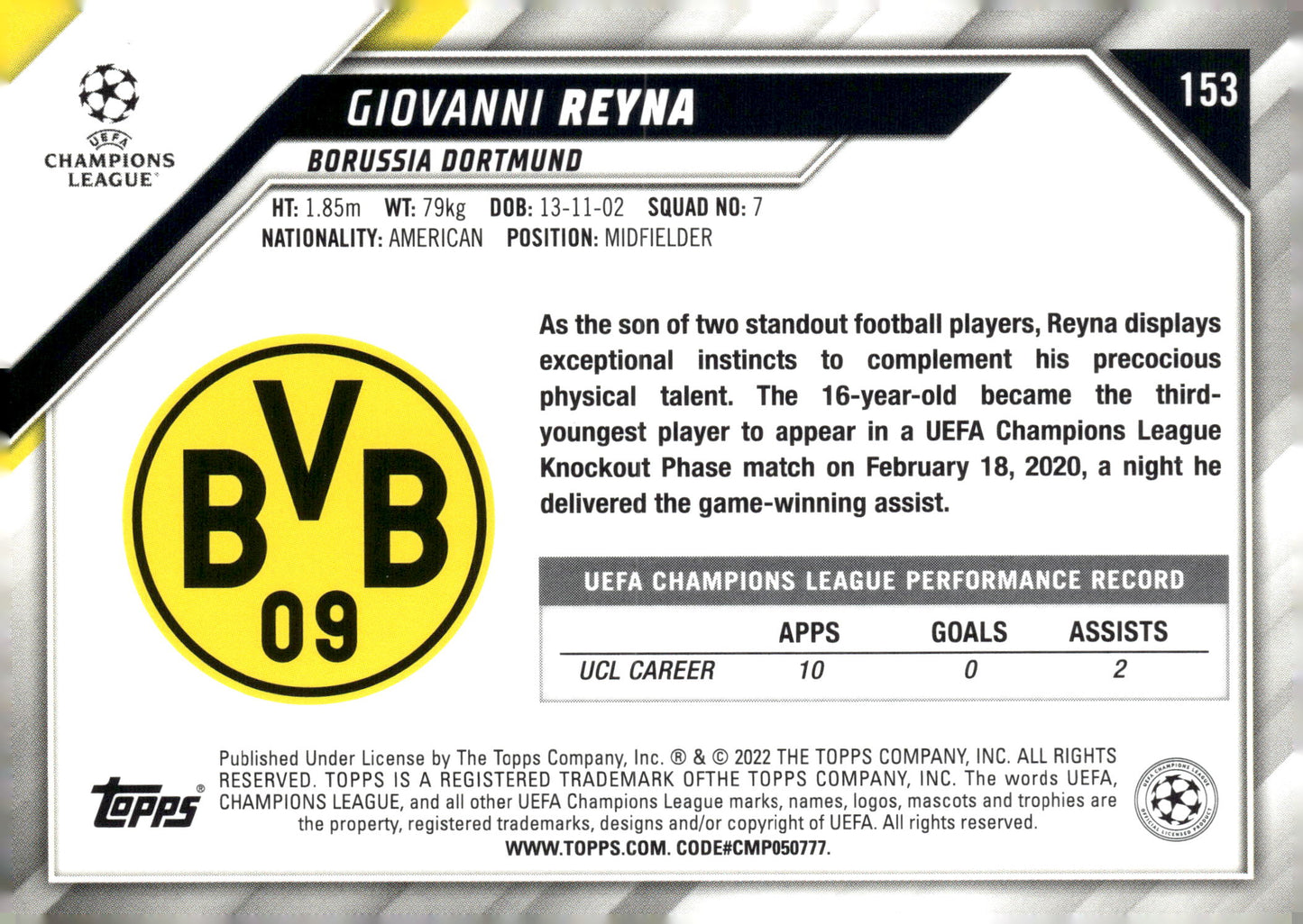 2021-22 Topps Chrome UEFA Champions League #26 Giovanni Reyna Refractor Borussia Dortmund Soccer Card