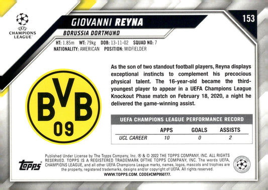 2021-22 Topps Chrome UEFA Champions League #26 Giovanni Reyna Refractor Borussia Dortmund Soccer Card