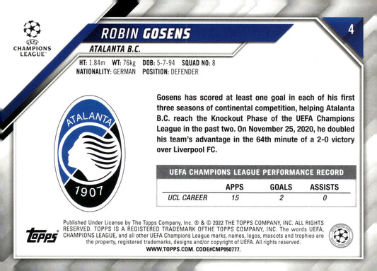 2021-22 Topps UEFA Champions League #4 Robin Gosens Atalanta B.C. Soccer Card
