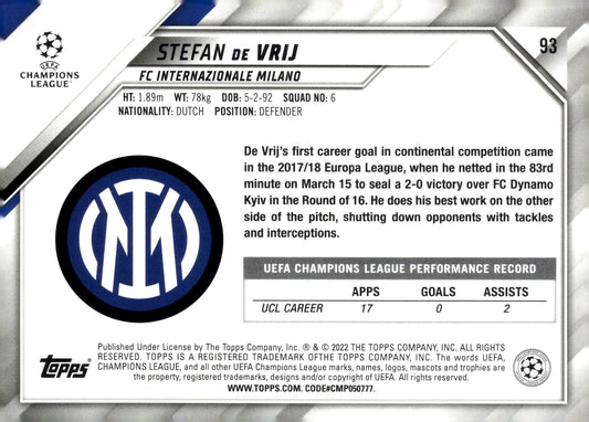 2021-22 Topps UEFA Champions League #93 Stefan de Vrij Inter Milan Soccer Card