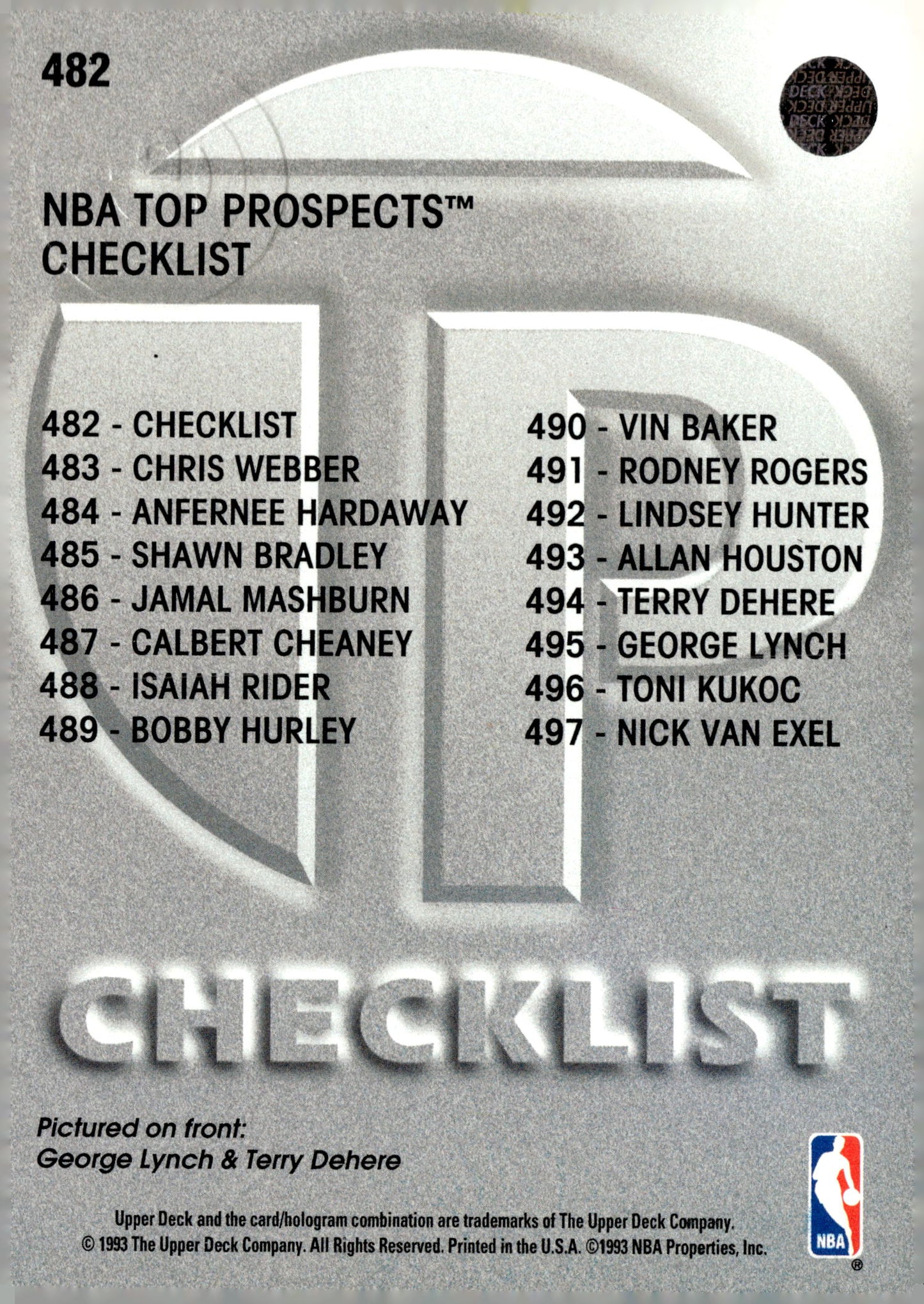 1993-94 Upper Deck #482 Top Prospects Checklist