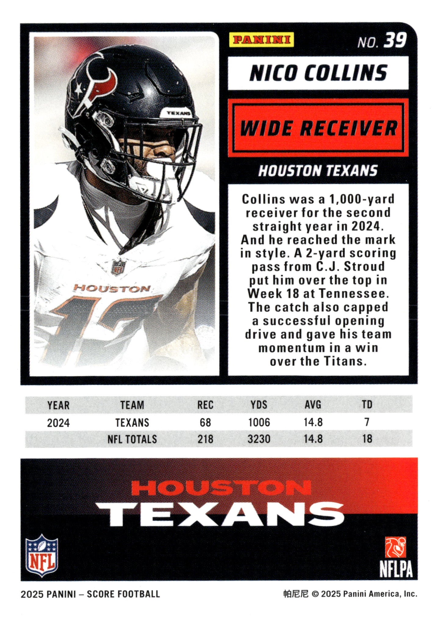 2025 Score-A-Treat #39 Nico Collins - single item listing, image for visual reference only