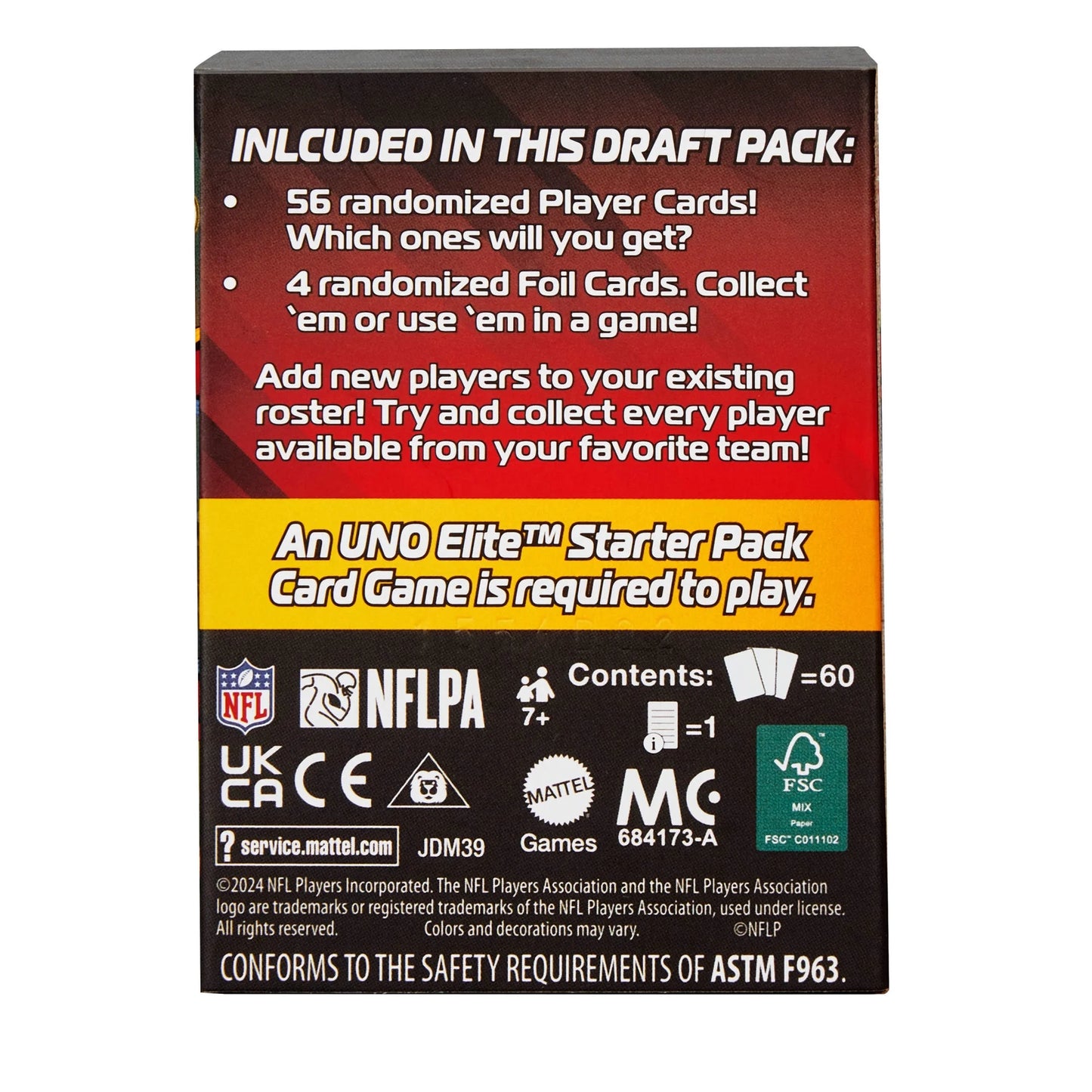 Mattel UNO Elite NFL 2024 Core Edition Draft Pack - 56 Player Cards + 4 Foil Cards