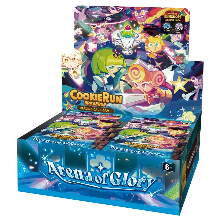 CookieRun TCG Set 3 Arena of Glory booster display containing 28 packs and three box toppers