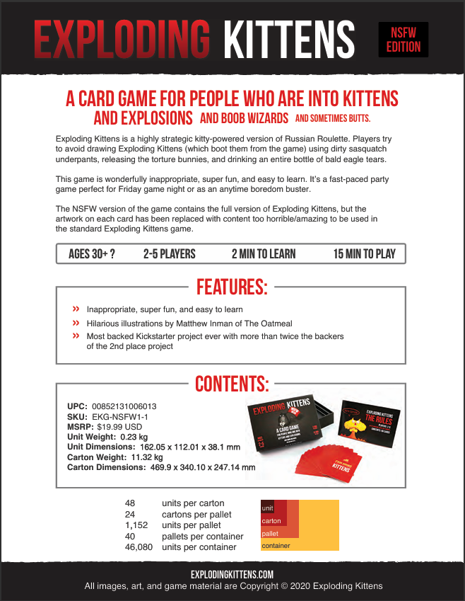 Exploding Kittens NSFW Edition Adults-Only Card Game 56 Cards