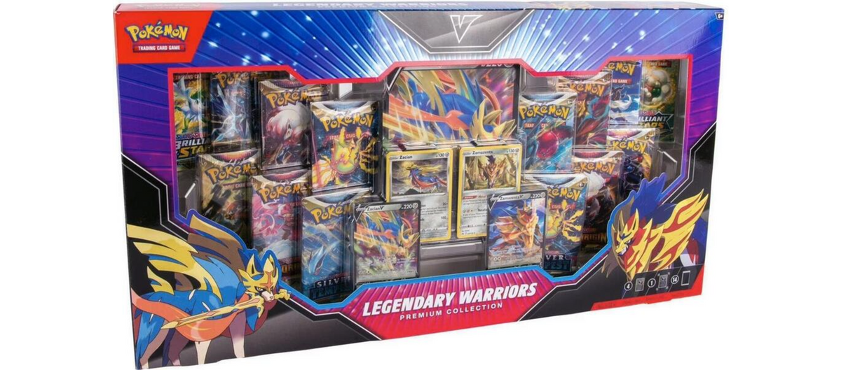 Pokémon TCG Legendary Warriors Premium Collection with Zacian Zamazenta foil cards oversize Zacian V card and 14 booster packs