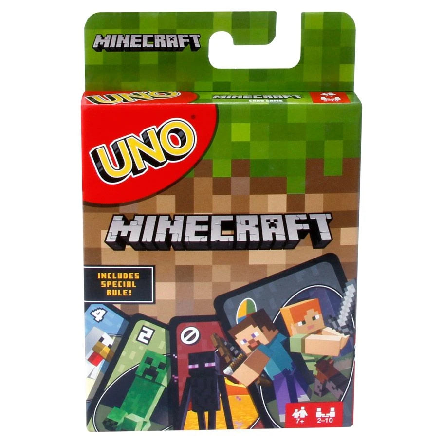UNO Minecraft 112-card game box featuring Minecraft characters and Creeper artwork