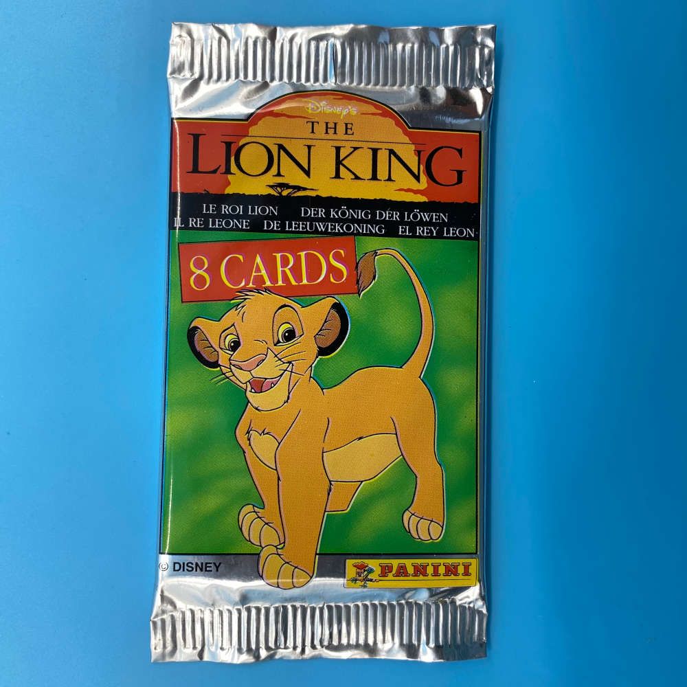 Sealed 1995 Panini Disney's The Lion King trading card pack containing 8 cards