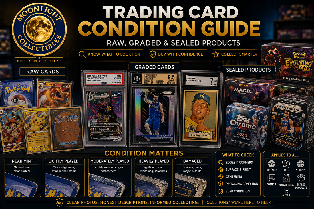 Trading card condition guide featuring raw and graded trading cards, sealed TCG and sports card products, with Near Mint through Damaged condition examples.