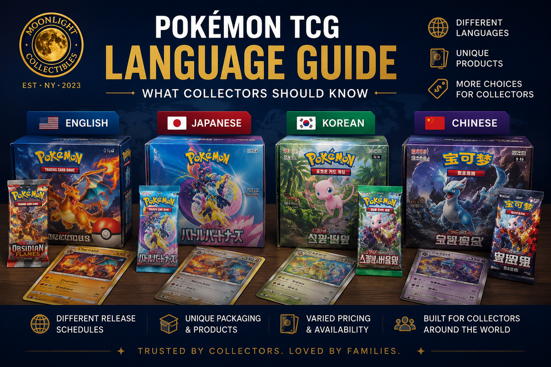 Moonlight Collectibles Pokémon TCG Language Guide showing English, Japanese, Korean, and Chinese Pokémon card products, packs, boxes, and collector tips.