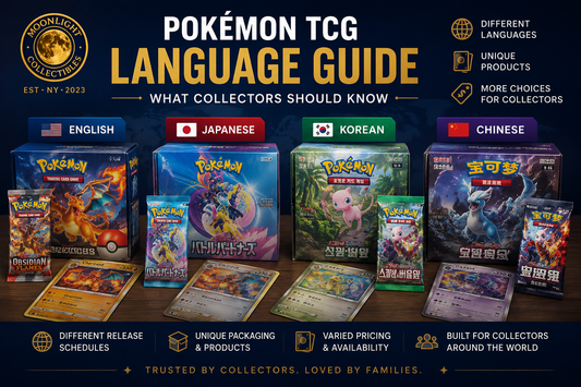 Moonlight Collectibles Pokémon TCG Language Guide showing English, Japanese, Korean, and Chinese Pokémon card products, packs, boxes, and collector tips.