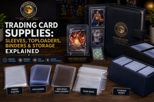 Moonlight Collectibles educational guide featuring trading card protection supplies including penny sleeves, top loaders, semi-rigid card holders, team bags, binders, and storage boxes, with tips for protecting and organizing trading card collections.
