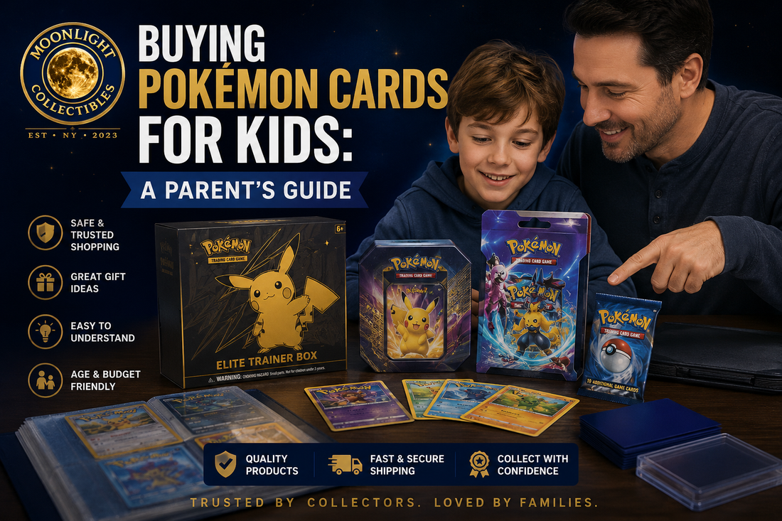 Parent and child exploring Pokémon trading card products including booster packs, tins, and Elite Trainer Boxes in a beginner-friendly buying guide from Moonlight Collectibles.