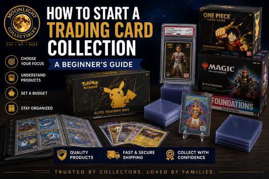 How to Start a Trading Card Collection beginner's guide featuring Pokémon cards, sports cards, graded cards, trading card supplies, binders, sleeves, and sealed products from Moonlight Collectibles.
