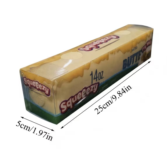 Yellow jumbo butter stick slow-rising squishy fidget toy with a realistic salted butter wrapper design