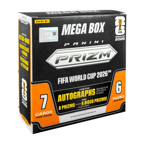 2026 Panini Prizm FIFA World Cup soccer trading cards Mega Box with six packs and 42 total cards