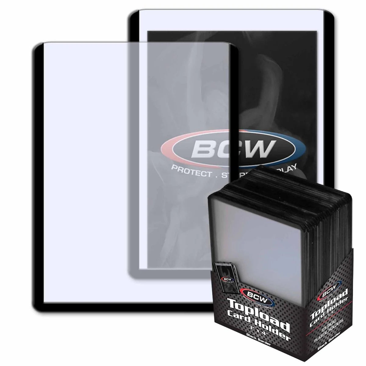 Pack of 25 BCW 3x4 rigid PVC topload card holders with black borders for standard cards up to 35pt