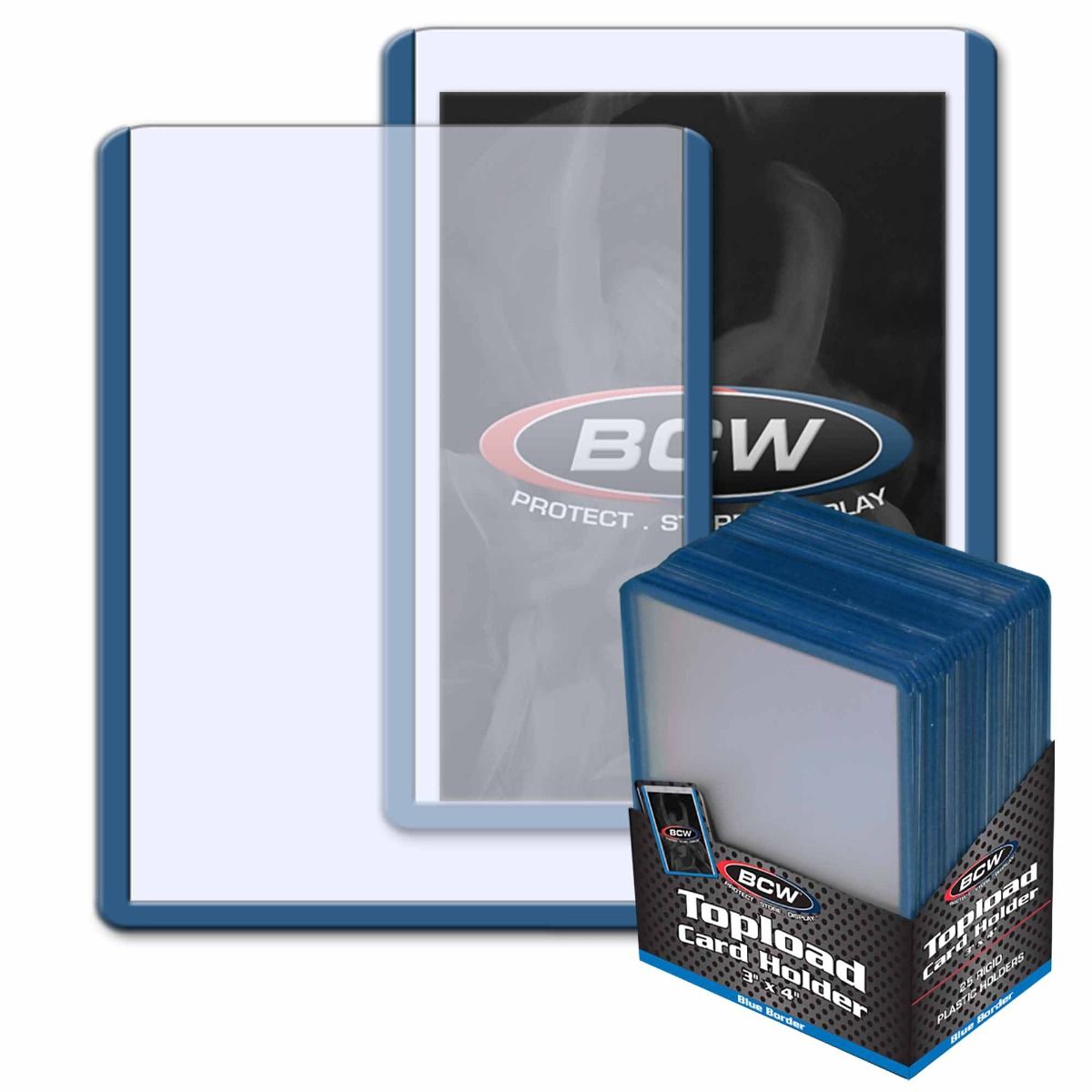 Pack of 25 BCW 3x4 rigid PVC topload card holders with blue borders for standard cards up to 35pt