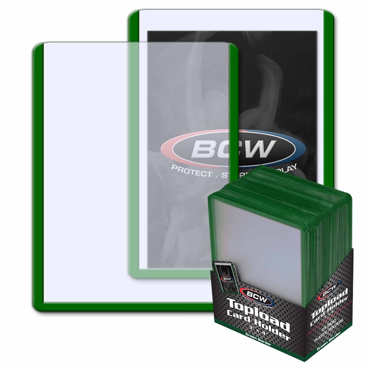 Pack of 25 BCW 3x4 rigid PVC topload card holders with green borders for standard cards up to 35pt