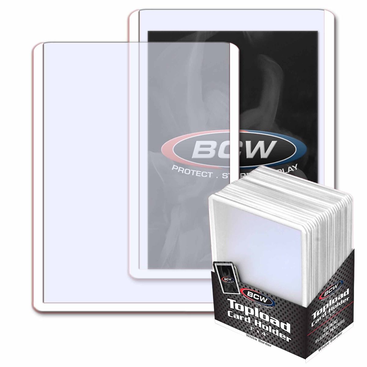 Pack of 25 BCW 3x4 rigid PVC topload card holders with white borders for standard cards up to 35pt