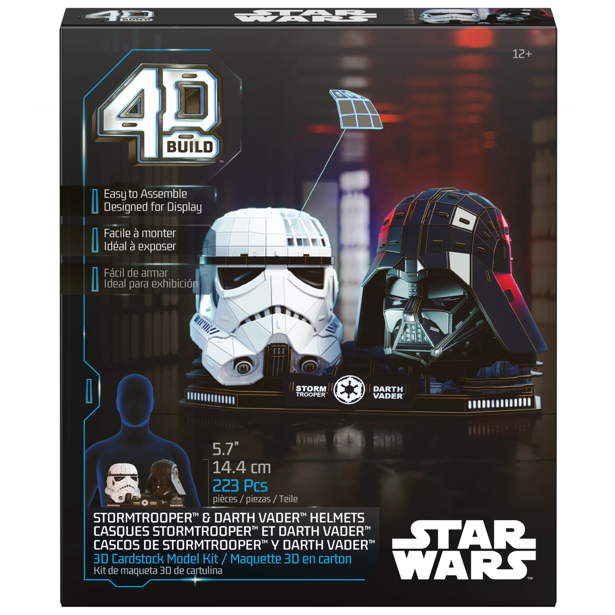 4D Build Star Wars model kit containing Darth Vader and Stormtrooper helmet 3D puzzles with display stands