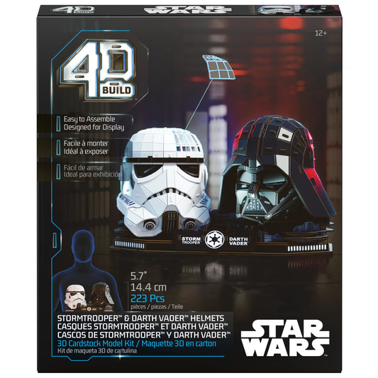 4D Build Star Wars model kit containing Darth Vader and Stormtrooper helmet 3D puzzles with display stands