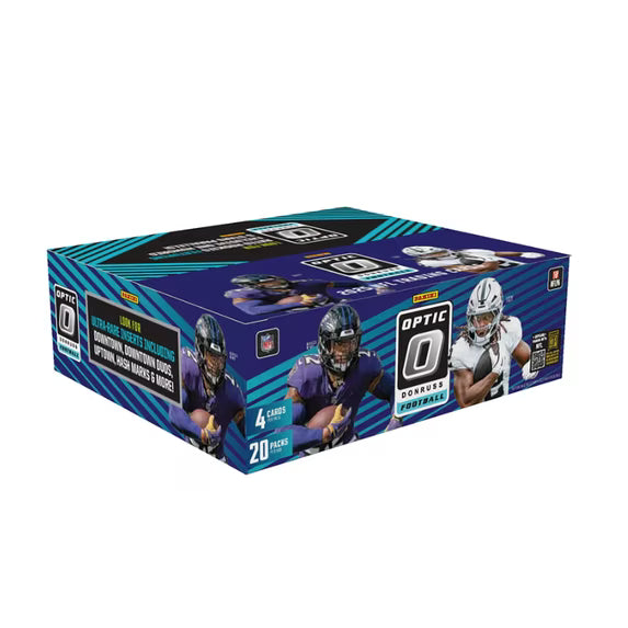 2025 Panini Donruss Optic Football retail display box with 20 sealed packs and 80 total cards