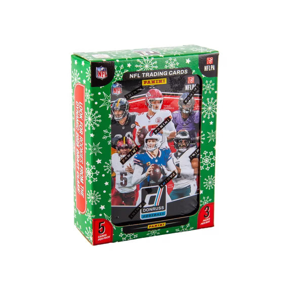 2025 Panini Donruss Football Holiday Tin with three packs and 15 total trading cards