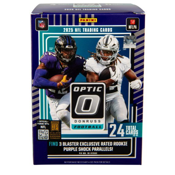 Factory-sealed 2025 Panini Donruss Optic Football Blaster Box containing 24 trading cards